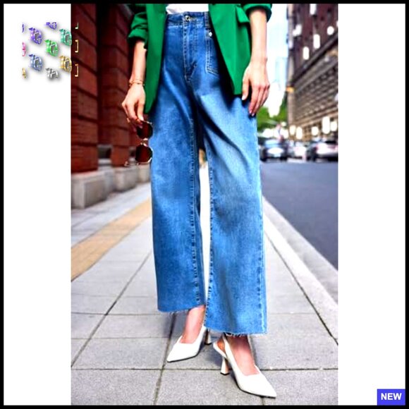 High Waisted Cropped Jeans Stretchy Baggy Straight Leg Raw Hem Denim Pants - Picture 2 of 6